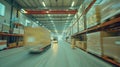 Forklift in motion in a busy warehouse with shelves of goods. Royalty Free Stock Photo