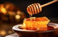 Ai generative. Fresh honey drips into honeycomb