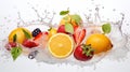 AI Generative.fresh multi fruits and vegetables splashing into blue clear water splash healthy food diet freshness concept Royalty Free Stock Photo