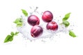 Ai generative. Fresh plums in water splash on white