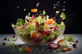 Ai Generative Fresh vegetable salad in bowl with falling ingredients on wooden table and black background