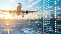 Front view of airplane landing with airport data screens blurred.