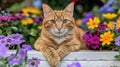 Ginger cat with crossed paws among vibrant garden flowers. Royalty Free Stock Photo