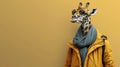 Giraffe in a yellow jacket and trendy glasses on a mustard background.