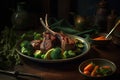 Ai Generative Grilled lamb chops with vegetables and sauce on a dark background