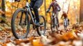 Group cycling through a vibrant autumnal forest.