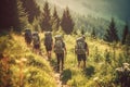 Ai generative. Group of tourists hiking in the mountains