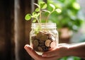 Ai generative. Hand holding jar full of coins with growing plants