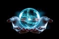 AI generative. Hands holding hologram sphere