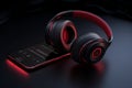 Ai Generative Headphones and smartphone on black background. 3d illustration. Music concept