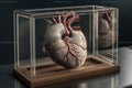 Ai Generative Human heart in a transparent glass box on the table. 3d rendering illustration