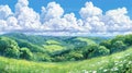 Idyllic landscape of rolling hills and fluffy clouds in a watercolor style. Royalty Free Stock Photo