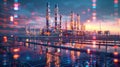 Illuminated industrial oil refinery with vibrant lights at twilight. Royalty Free Stock Photo