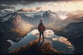 young boy on a high mountain overlooking a landscape in sunset, ai generative Royalty Free Stock Photo