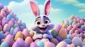 illustration of a cute rabbit in the middle of a stack of pastel colored easter eggs