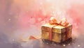 illustration of a golden wrapped gift with a ribbon against pink background in watercolor style