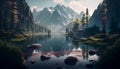 AI Generative Illustration Graphic Design Art Beautiful Nature Photo Background Wallpaper, Mountain, Lake, Landscape, Water Royalty Free Stock Photo