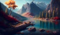 AI Generative Illustration Graphic Design Art Beautiful Nature Photo Background Wallpaper, Mountain, Lake, Landscape, Water Royalty Free Stock Photo