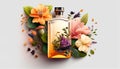 AI Generative Illustration Graphic Design Art Bottle of perfume with flowers on color background