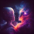 AI Generative Illustration Graphic Design Art Man and woman in an abstract cosmic background. Human souls couple in love. Astral