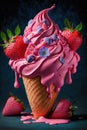 Ice cream cone with strawberry soft ice, ai generated illustration