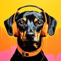 AI-generated: Portrait of a Dog with Orange Headphones and Collar on a Vibrant Background