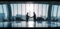 An AI generative illustration presents the silhouette of two businessmen shaking hands in a boardroom, sunlight streaming through