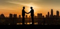 AI generative illustration showing the silhouette of two businessmen shaking hands, set against a vibrant sunset sky over a