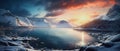 illustration of a stunning norwegian landscape with a moody sunset Royalty Free Stock Photo