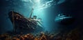 submarine diving beside an old historic ship wreck