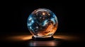 illustration of a universe in a glass sphere against dark background