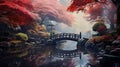illustration of a wooden bridge in an autumn lake landscape Royalty Free Stock Photo