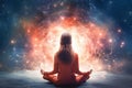 Ai generative. Back view, young woman meditating in front of space Royalty Free Stock Photo