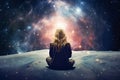 Ai generative. Back view, young woman meditating in front of space