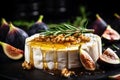 Ai generative. Camembert cheese with fig fruits, honey, walnuts and rosemary