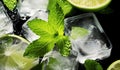 Ai generative. Closeup of a ingredients, lime, sugar, ice, mint leaves