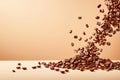 Ai generative. Coffee beans falling from top to bottom. light brown background Royalty Free Stock Photo