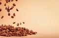 Ai generative. Coffee beans falling from top to bottom. light brown background Royalty Free Stock Photo