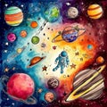 A space adventure with planets and stars, in a kids crayon art style