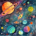 A space adventure with planets and stars, in a kids crayon art style Royalty Free Stock Photo