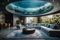 AI generative image of elegant living room with couch and huge aquarium Royalty Free Stock Photo