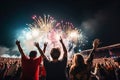 Ai generative. Excited audience back view watching confetti fireworks and having fun Royalty Free Stock Photo