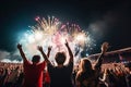 Ai generative. Excited audience back view watching confetti fireworks and having fun Royalty Free Stock Photo