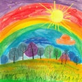 A landscape in a kids crayon art style Royalty Free Stock Photo