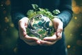 Ai generative. Hands Holding Globe Glass. Environment Concept. World Earth Day concept Royalty Free Stock Photo