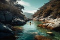 AI generative image of a kayaker paddling through tranquil canyon