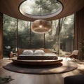 AI generative image of modern stylish bedroom with round bed and huge windows Royalty Free Stock Photo