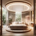 AI generative image of modern stylish bedroom with round bed and huge windows Royalty Free Stock Photo