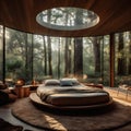 AI generative image of modern stylish bedroom with round bed and huge windows Royalty Free Stock Photo