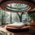AI generative image of modern stylish bedroom with round bed and huge windows Royalty Free Stock Photo